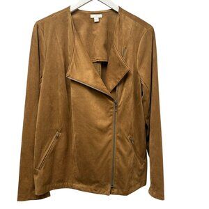 J. JILL Faux Suede Moto Jacket Medium Brown Stretch Zip Front Western Biker